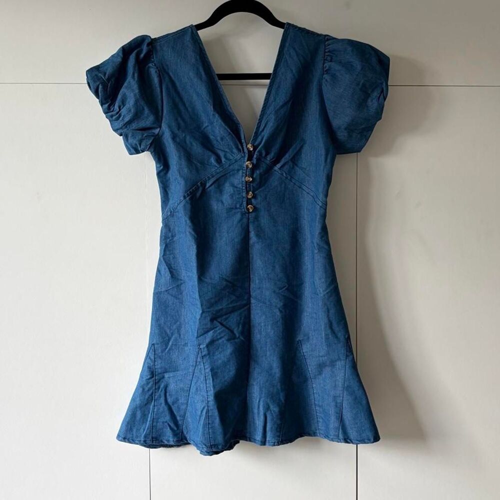 Blue Chambray Jean Look Puff Sleeve Mini Dress M NWT